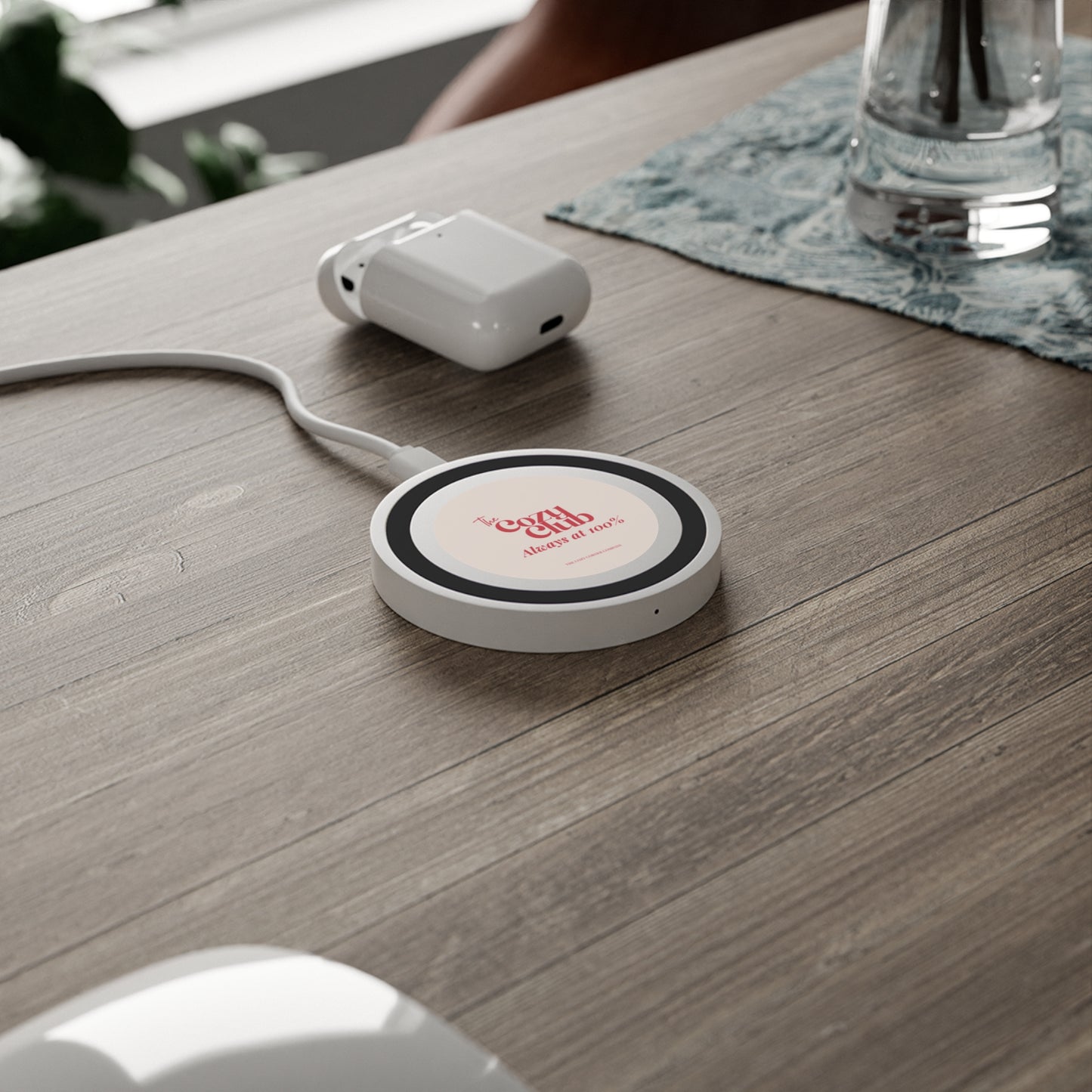 the cozy club wireless charger — “always at 100%”